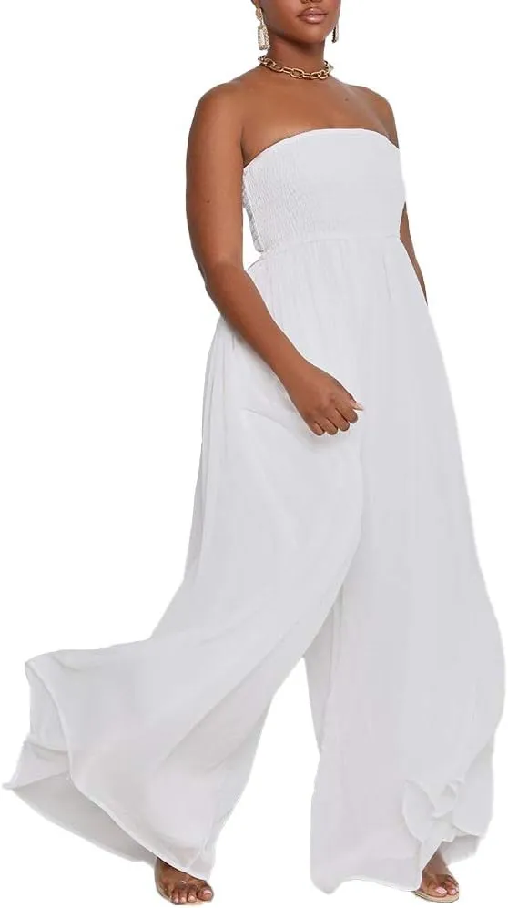 Ophestin Women's Strapless Tube Wide Leg Jumpsuits Smocked Women Jumpsuits Dressy Casual Flowy One Piece Jumpsuits Rompers