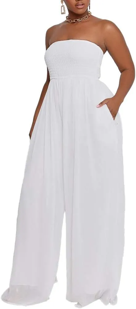 Ophestin Women's Strapless Tube Wide Leg Jumpsuits Smocked Women Jumpsuits Dressy Casual Flowy One Piece Jumpsuits Rompers