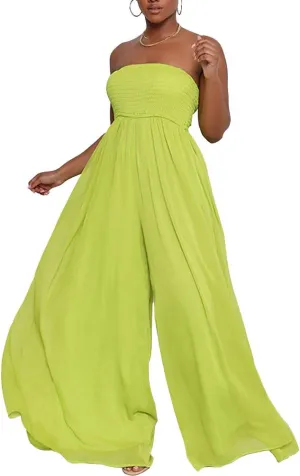 Ophestin Women's Strapless Tube Wide Leg Jumpsuits Smocked Women Jumpsuits Dressy Casual Flowy One Piece Jumpsuits Rompers