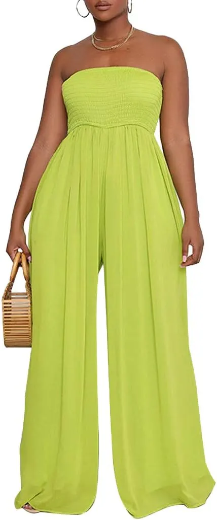 Ophestin Women's Strapless Tube Wide Leg Jumpsuits Smocked Women Jumpsuits Dressy Casual Flowy One Piece Jumpsuits Rompers