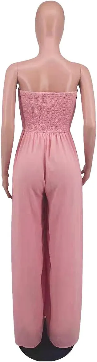 Ophestin Women's Strapless Tube Wide Leg Jumpsuits Smocked Women Jumpsuits Dressy Casual Flowy One Piece Jumpsuits Rompers