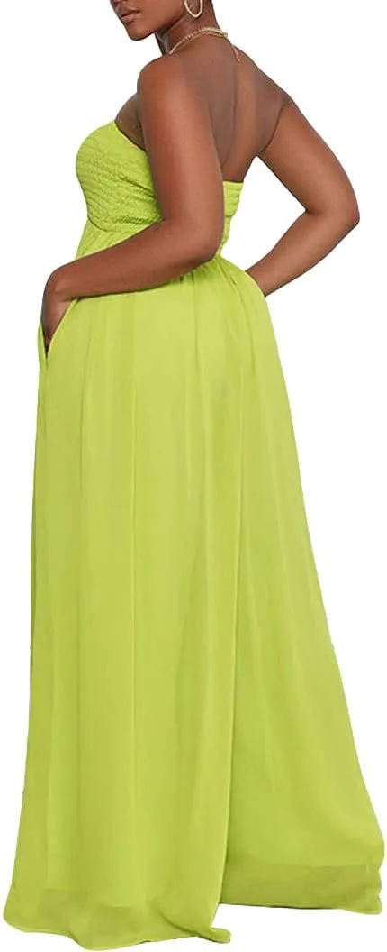 Ophestin Women's Strapless Tube Wide Leg Jumpsuits Smocked Women Jumpsuits Dressy Casual Flowy One Piece Jumpsuits Rompers