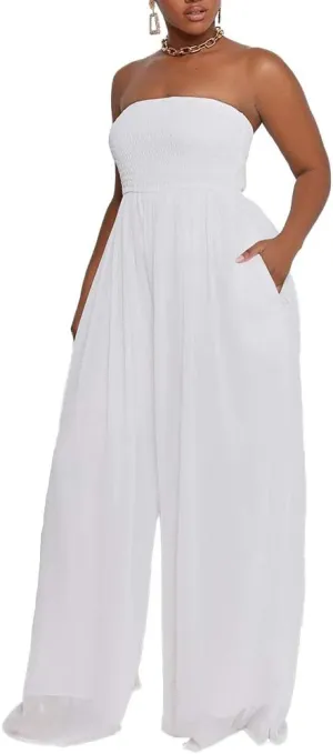 Ophestin Women's Strapless Tube Wide Leg Jumpsuits Smocked Women Jumpsuits Dressy Casual Flowy One Piece Jumpsuits Rompers