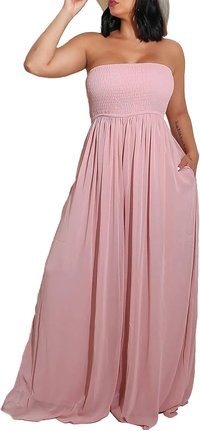 Ophestin Women's Strapless Tube Wide Leg Jumpsuits Smocked Women Jumpsuits Dressy Casual Flowy One Piece Jumpsuits Rompers