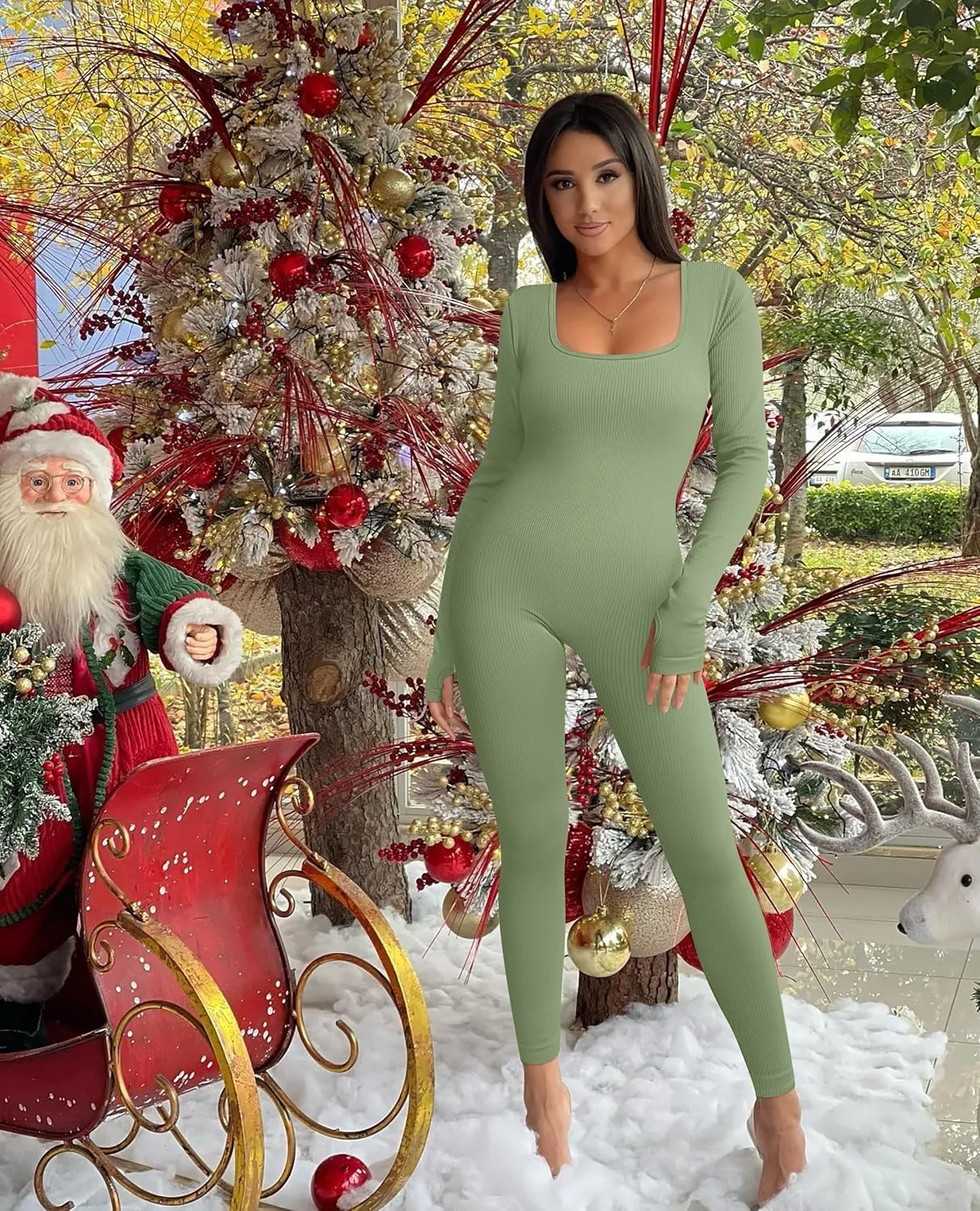 OQQ Women Long Sleeve Yoga Jumpsuits Workout Ribbed Bodysuits Pants Sexy One Piece