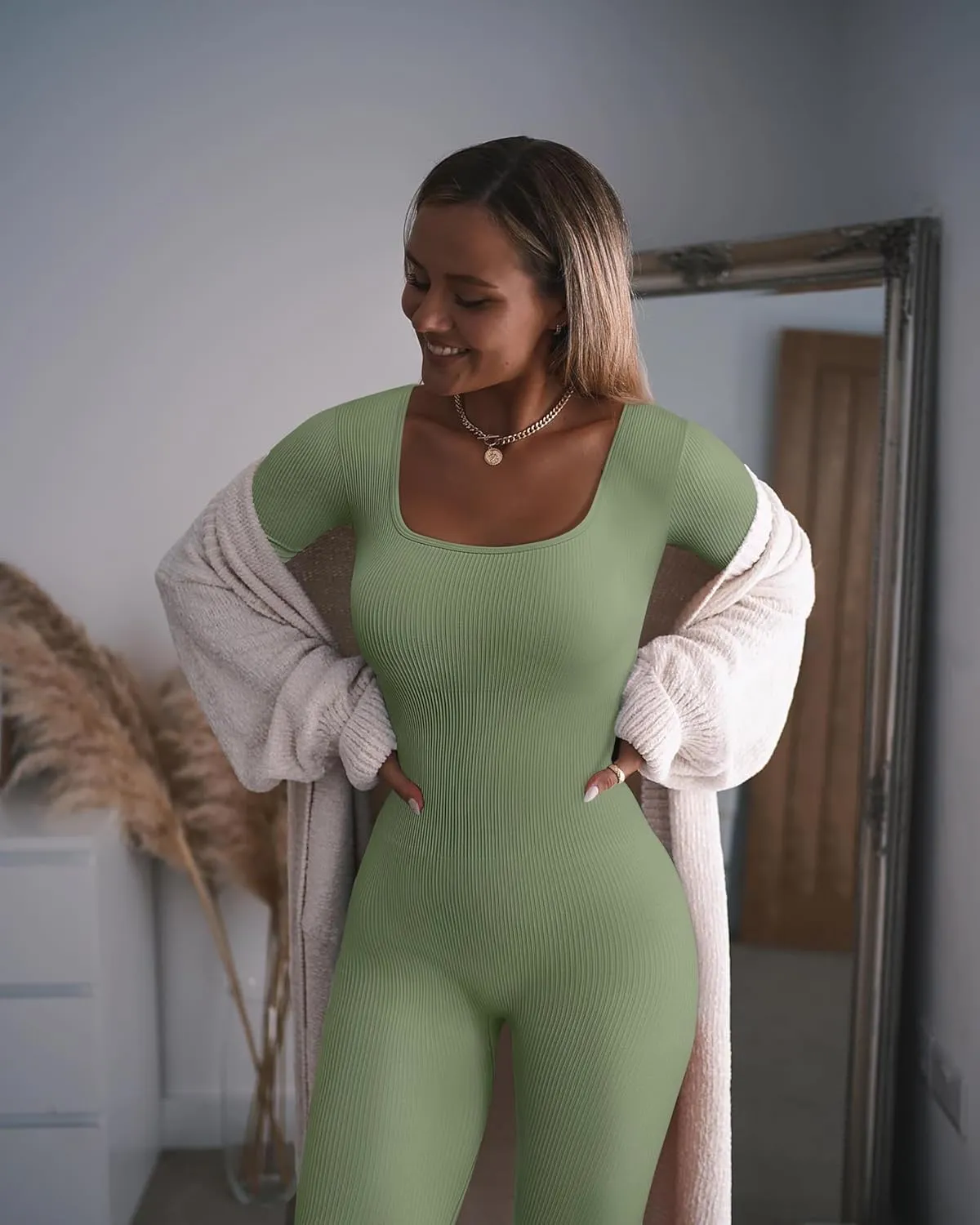 OQQ Women Long Sleeve Yoga Jumpsuits Workout Ribbed Bodysuits Pants Sexy One Piece