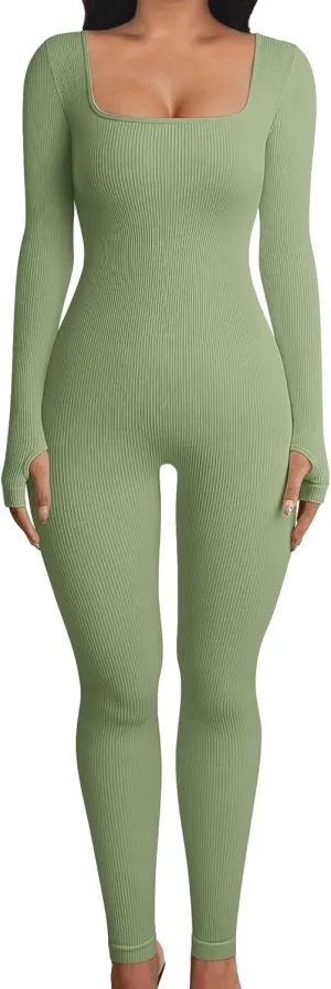 OQQ Women Long Sleeve Yoga Jumpsuits Workout Ribbed Bodysuits Pants Sexy One Piece