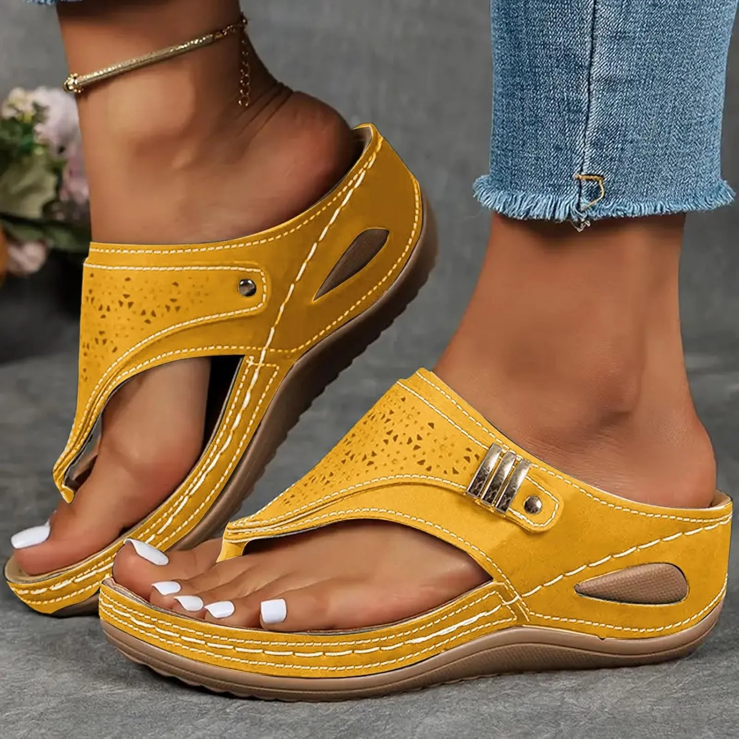 Orthopedic Sandals for Women Arch Support, Women Dressy Summer Comfortable Walking Sandals Slip On Strappy Sandal Wide Width Flip Flops Casual Beach Slippers Summer Shoes
