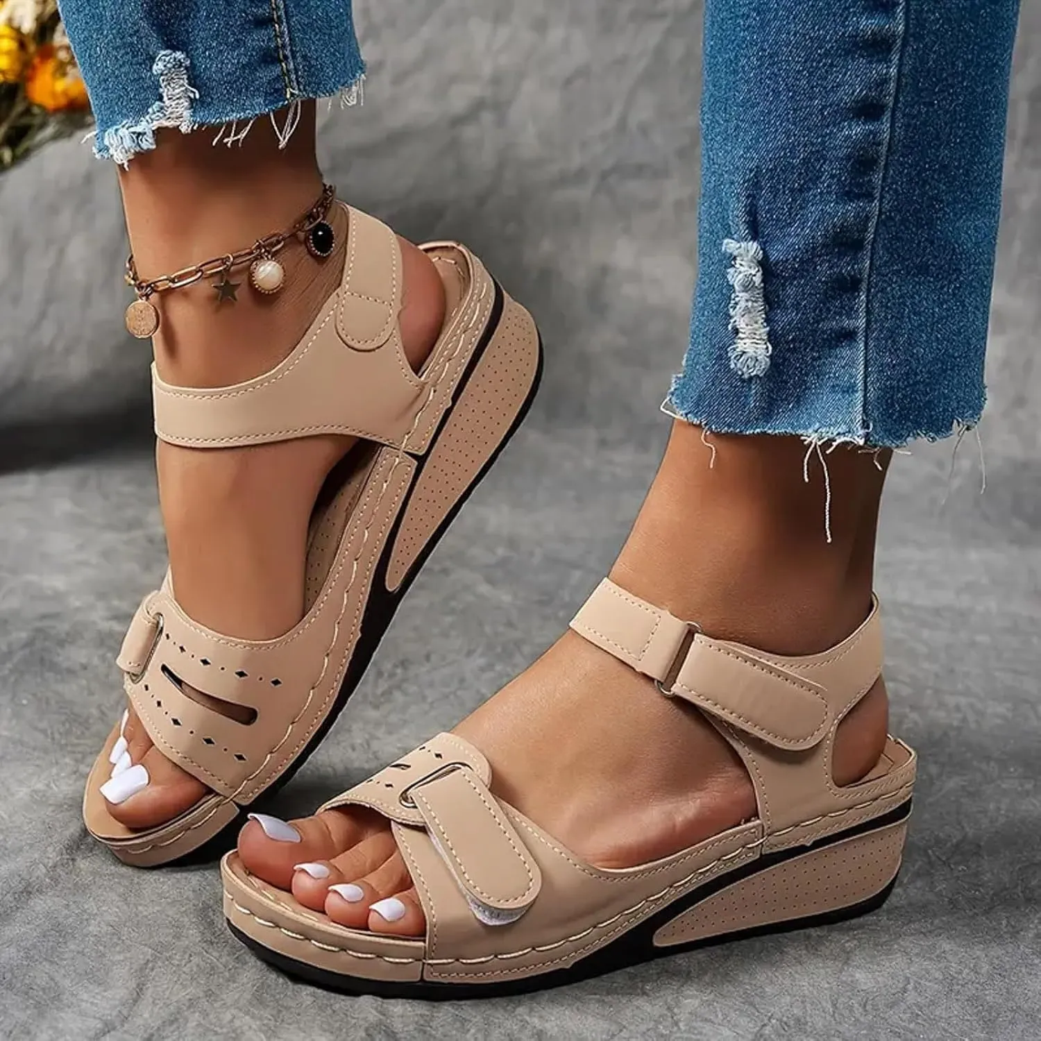 Orthopedic Wedge Sandals for Women 2025 Dressy,Strappy Arch Support Flat Sandal Walking Open Toe Ankle Strap Comfortable Platform Slip-On Shoes