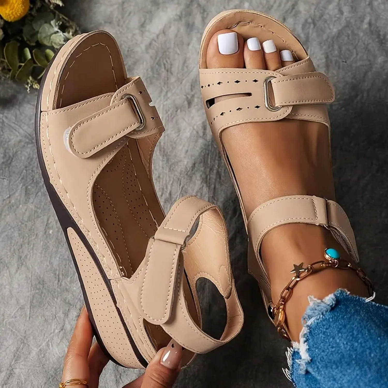 Orthopedic Wedge Sandals for Women 2025 Dressy,Strappy Arch Support Flat Sandal Walking Open Toe Ankle Strap Comfortable Platform Slip-On Shoes