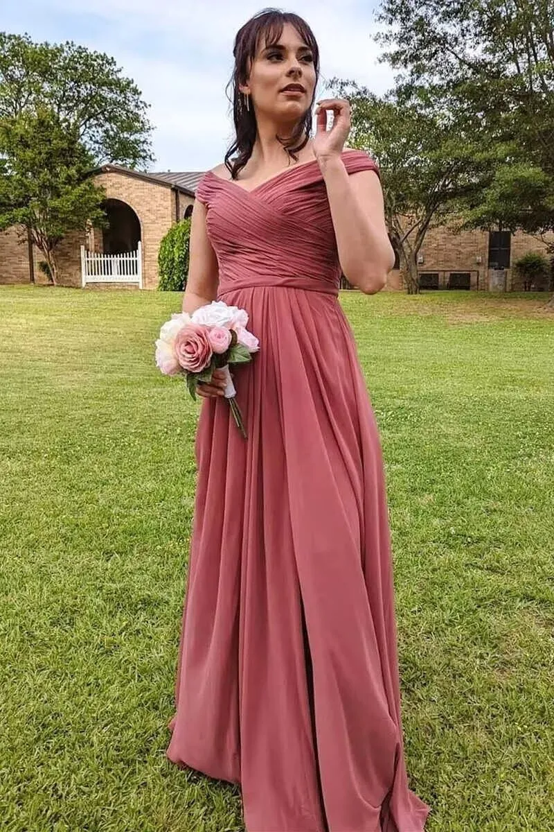 Ouyisha Chiffon Bridesmaid Dresses for Women Off The Shoulder Long Formal A-Line Evening Gown with Slit