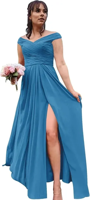 Ouyisha Chiffon Bridesmaid Dresses for Women Off The Shoulder Long Formal A-Line Evening Gown with Slit