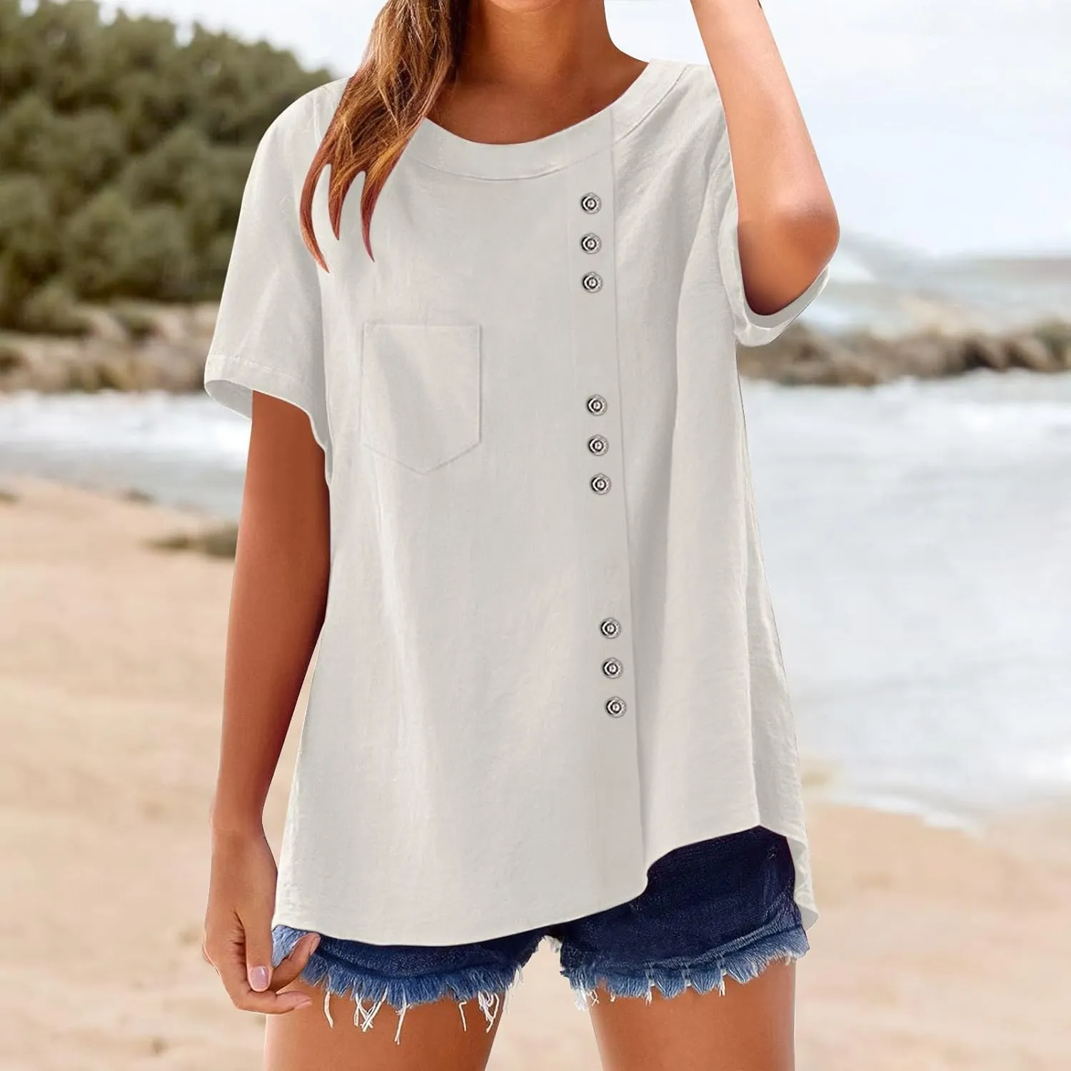 Oversized Crew Neck Linen Tops for Women Short Sleeve Cotton Linen Tee Shirts Workout Buttons Tshirt with Pocket