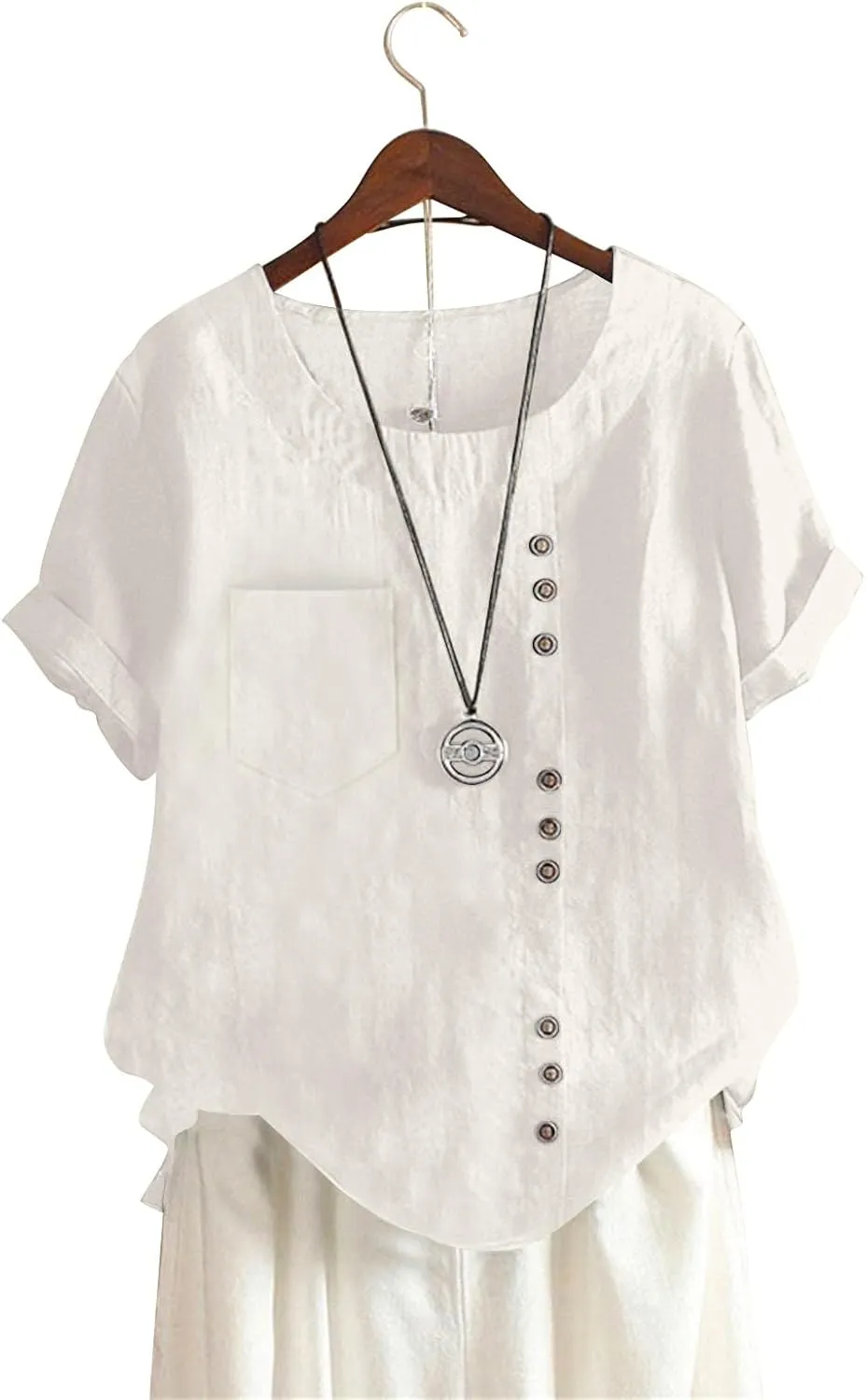 Oversized Crew Neck Linen Tops for Women Short Sleeve Cotton Linen Tee Shirts Workout Buttons Tshirt with Pocket