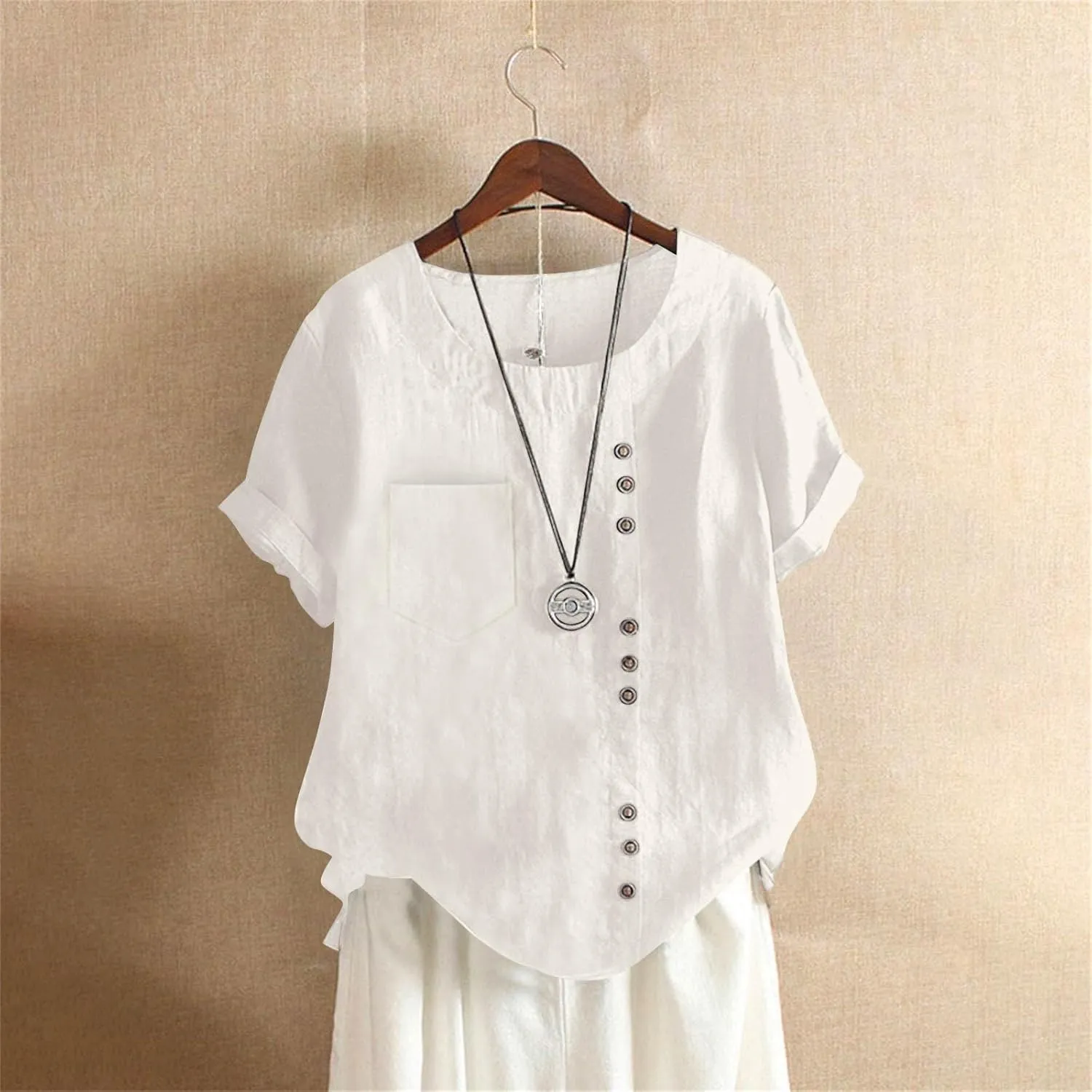 Oversized Crew Neck Linen Tops for Women Short Sleeve Cotton Linen Tee Shirts Workout Buttons Tshirt with Pocket