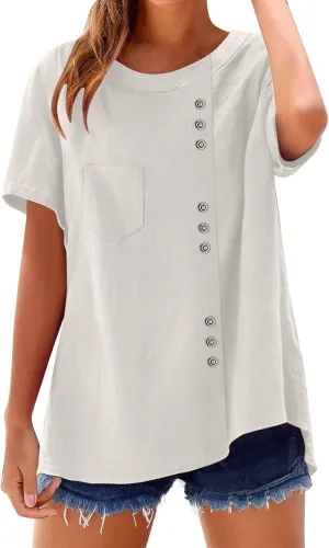 Oversized Crew Neck Linen Tops for Women Short Sleeve Cotton Linen Tee Shirts Workout Buttons Tshirt with Pocket
