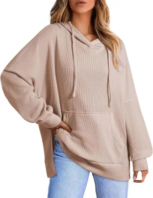 Oversized Hoodies for Women Waffle Hem Slit Drawstring Long Sleeve Sweatshirt Loose Lightweight Pullover with Pocket