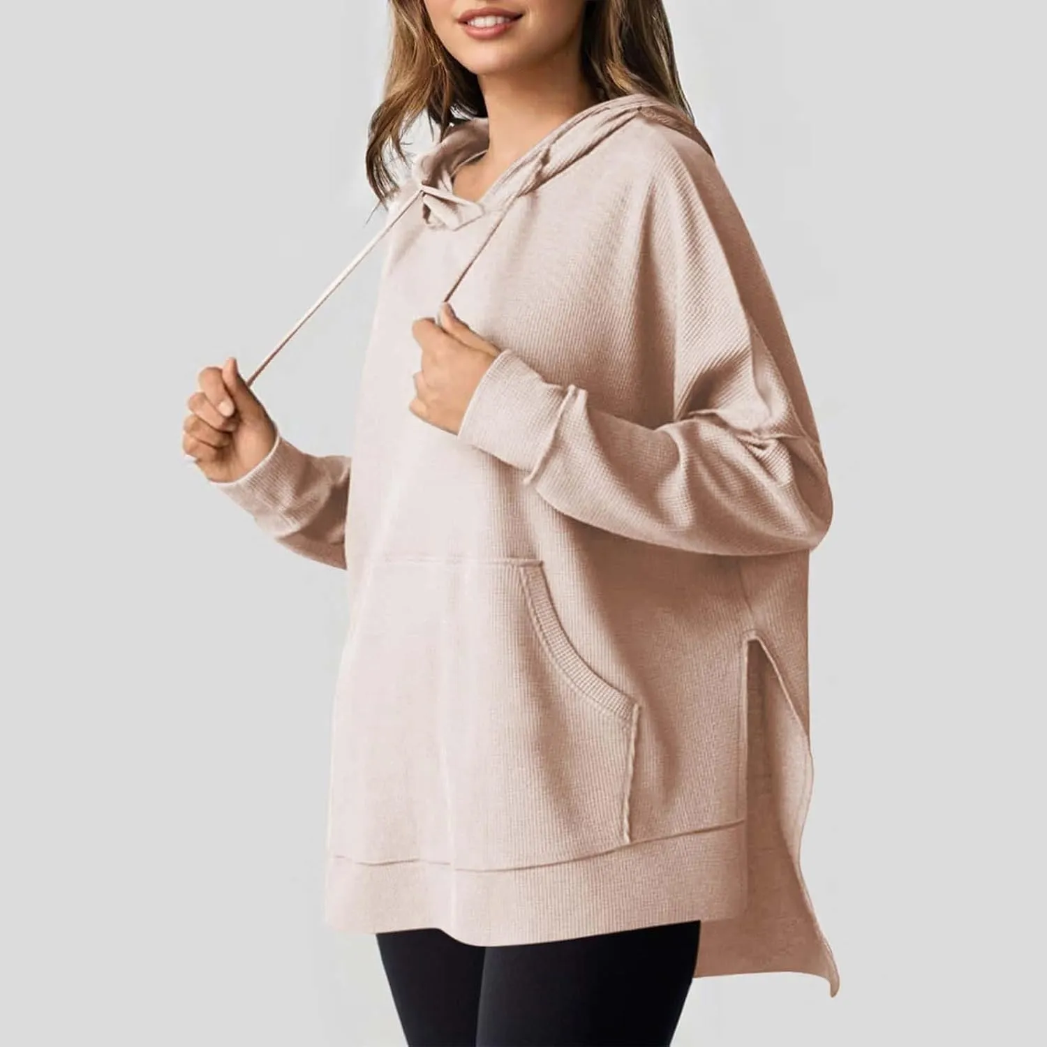 Oversized Hoodies for Women Waffle Hem Slit Drawstring Long Sleeve Sweatshirt Loose Lightweight Pullover with Pocket