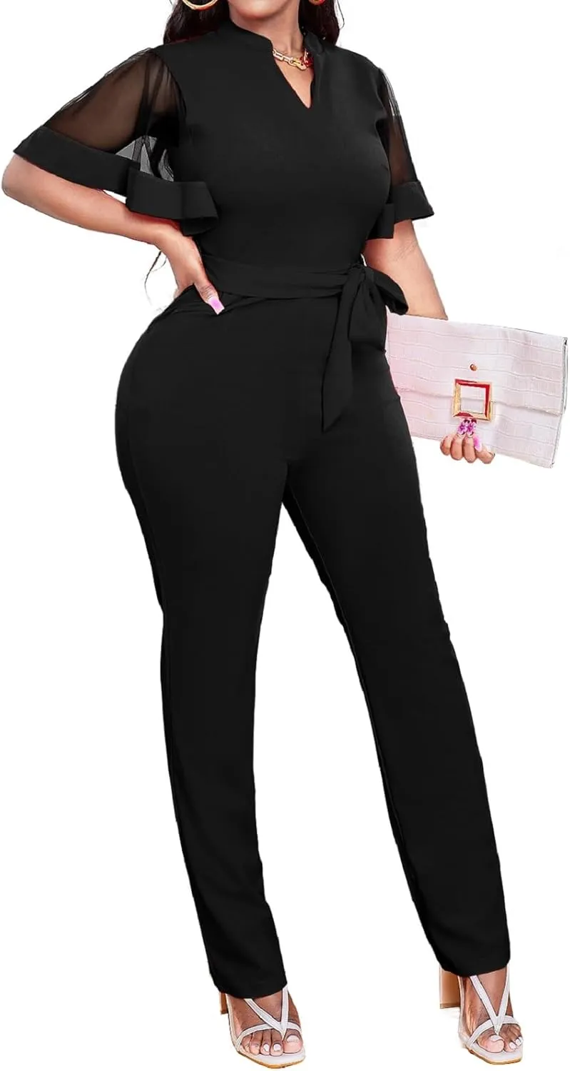 Oxgmoky Women's Jumpsuits Elegant Business V Neck Zipper Long Sleeve Sexy Strap Straight Long Pants Rompers With Pockets