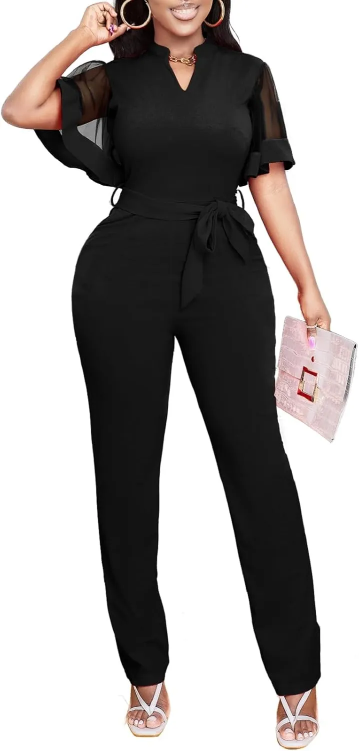 Oxgmoky Women's Jumpsuits Elegant Business V Neck Zipper Long Sleeve Sexy Strap Straight Long Pants Rompers With Pockets