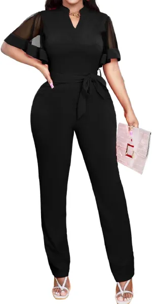 Oxgmoky Women's Jumpsuits Elegant Business V Neck Zipper Long Sleeve Sexy Strap Straight Long Pants Rompers With Pockets