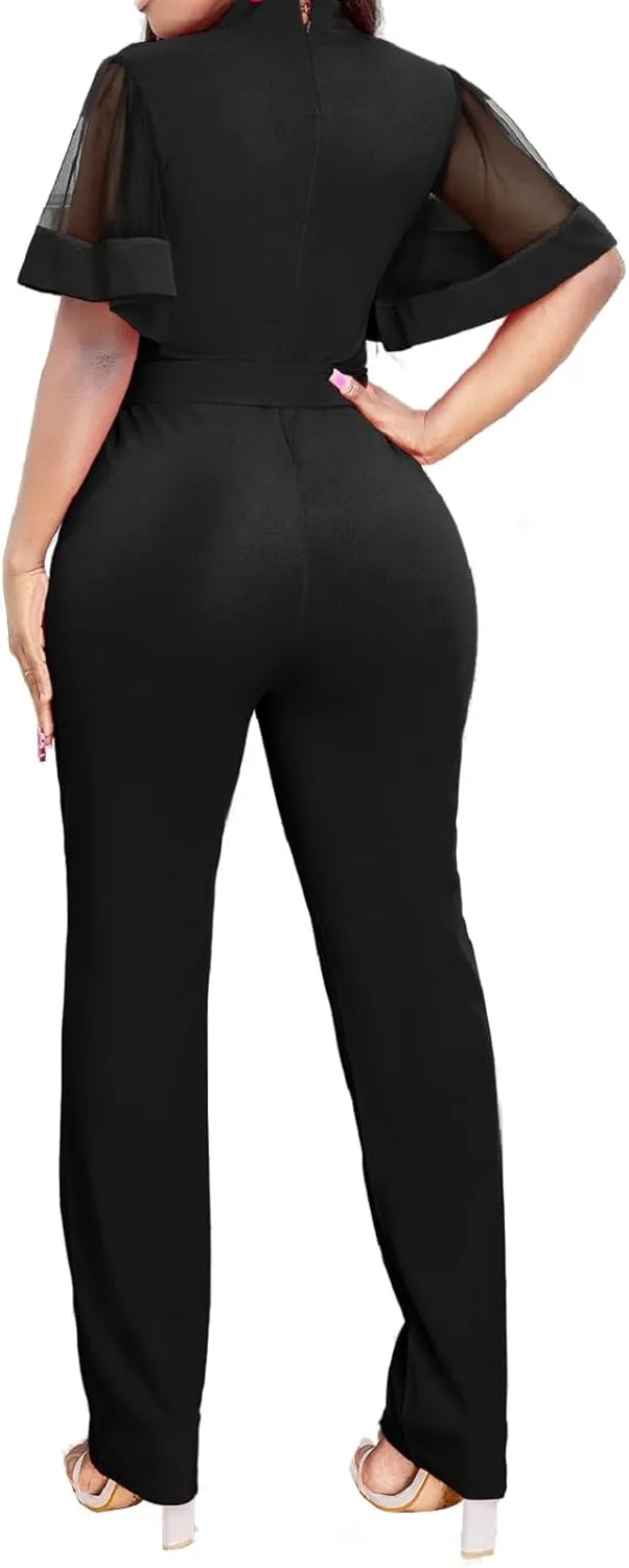 Oxgmoky Women's Jumpsuits Elegant Business V Neck Zipper Long Sleeve Sexy Strap Straight Long Pants Rompers With Pockets