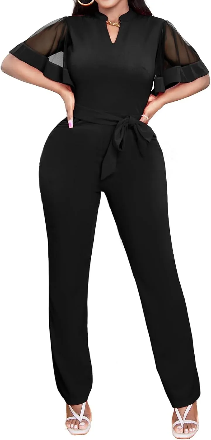 Oxgmoky Women's Jumpsuits Elegant Business V Neck Zipper Long Sleeve Sexy Strap Straight Long Pants Rompers With Pockets