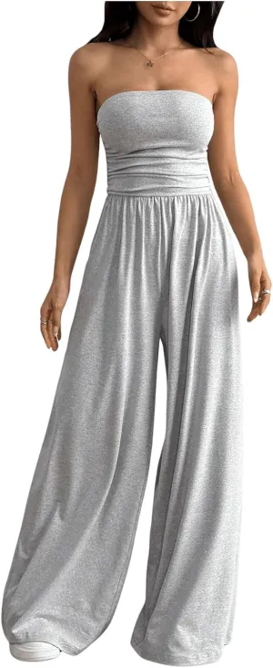 OYOANGLE Women's Strapless Jumpsuits Ruched Wide Leg Long Pants Romper