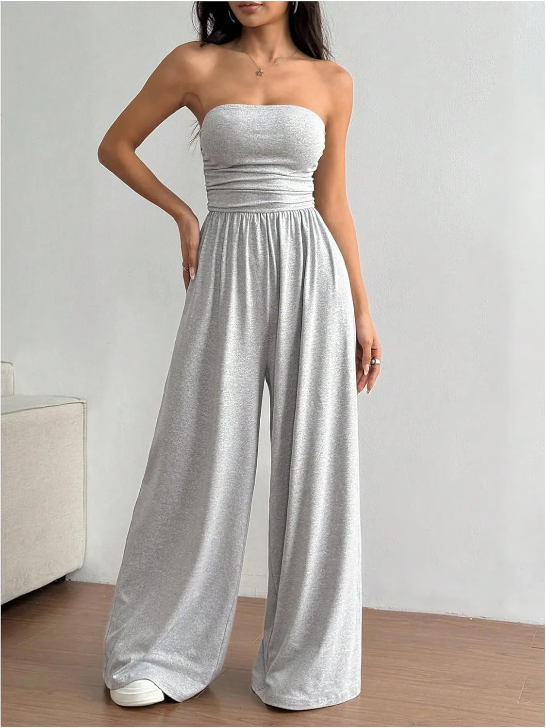 OYOANGLE Women's Strapless Jumpsuits Ruched Wide Leg Long Pants Romper
