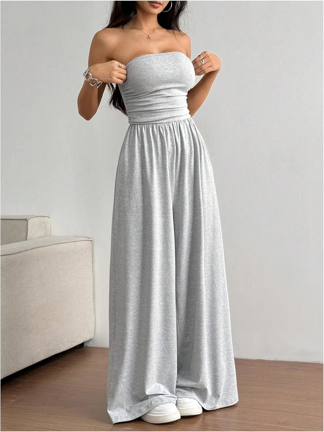 OYOANGLE Women's Strapless Jumpsuits Ruched Wide Leg Long Pants Romper