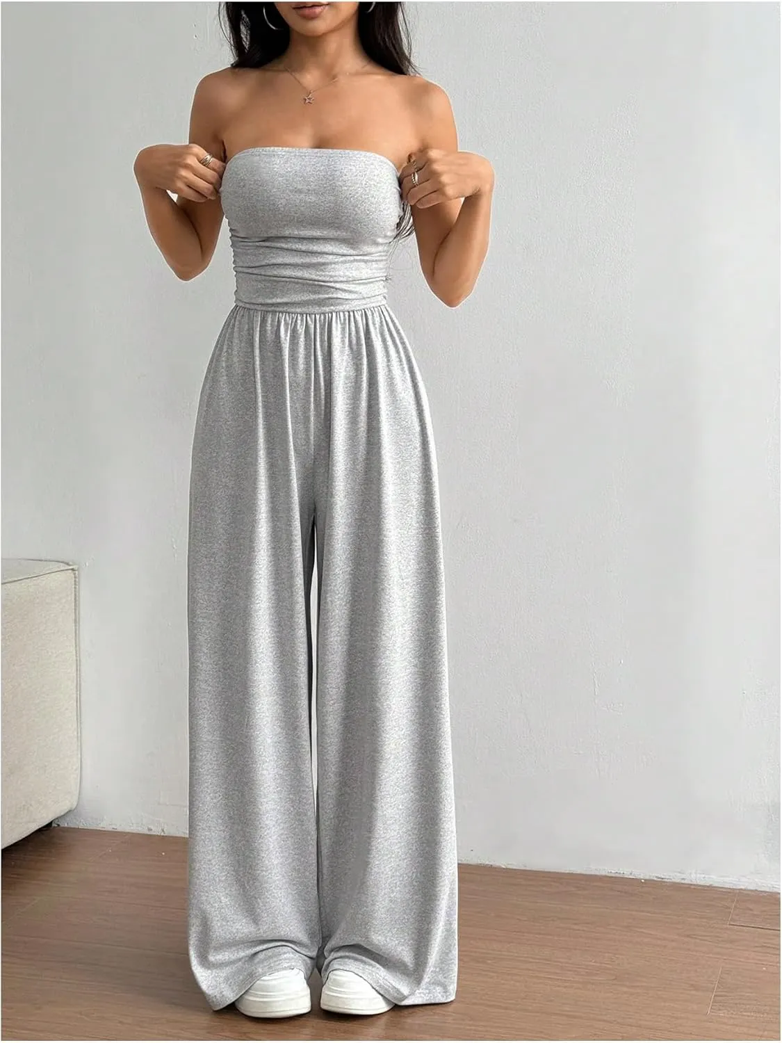 OYOANGLE Women's Strapless Jumpsuits Ruched Wide Leg Long Pants Romper