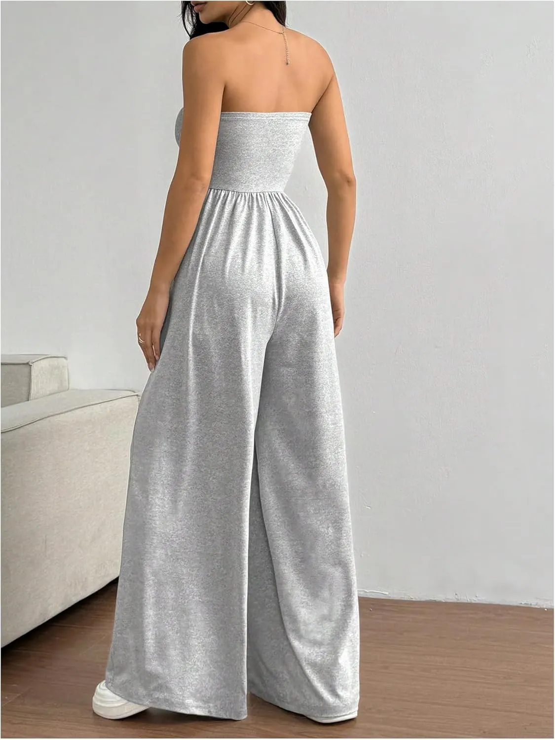 OYOANGLE Women's Strapless Jumpsuits Ruched Wide Leg Long Pants Romper