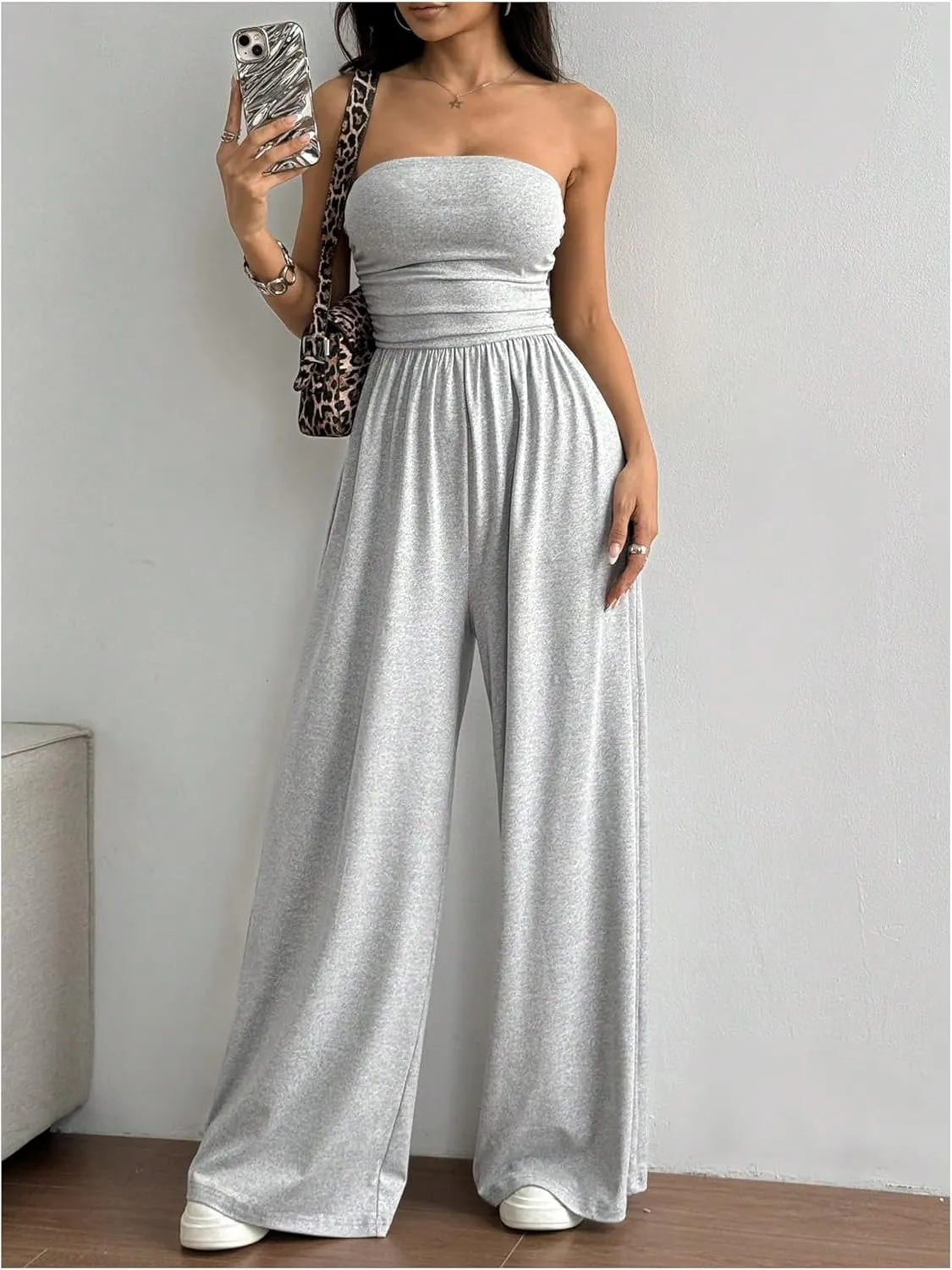 OYOANGLE Women's Strapless Jumpsuits Ruched Wide Leg Long Pants Romper