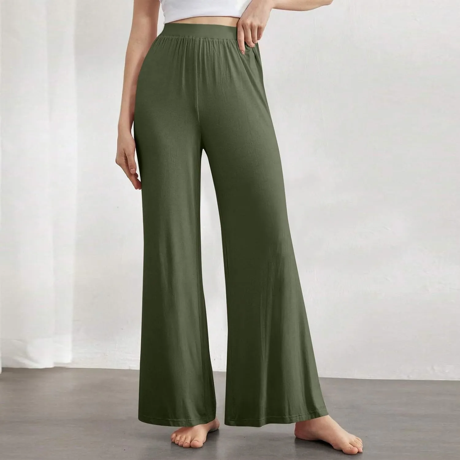 Pants for Women Plus Size Long Wide Leg High Waisted Pants Flowy Pleated Pull On Vacation Trousers with Pockets