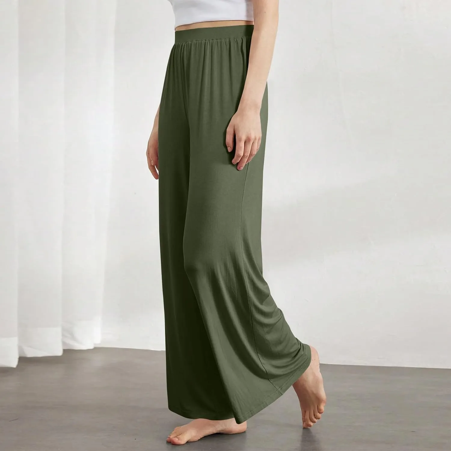 Pants for Women Plus Size Long Wide Leg High Waisted Pants Flowy Pleated Pull On Vacation Trousers with Pockets