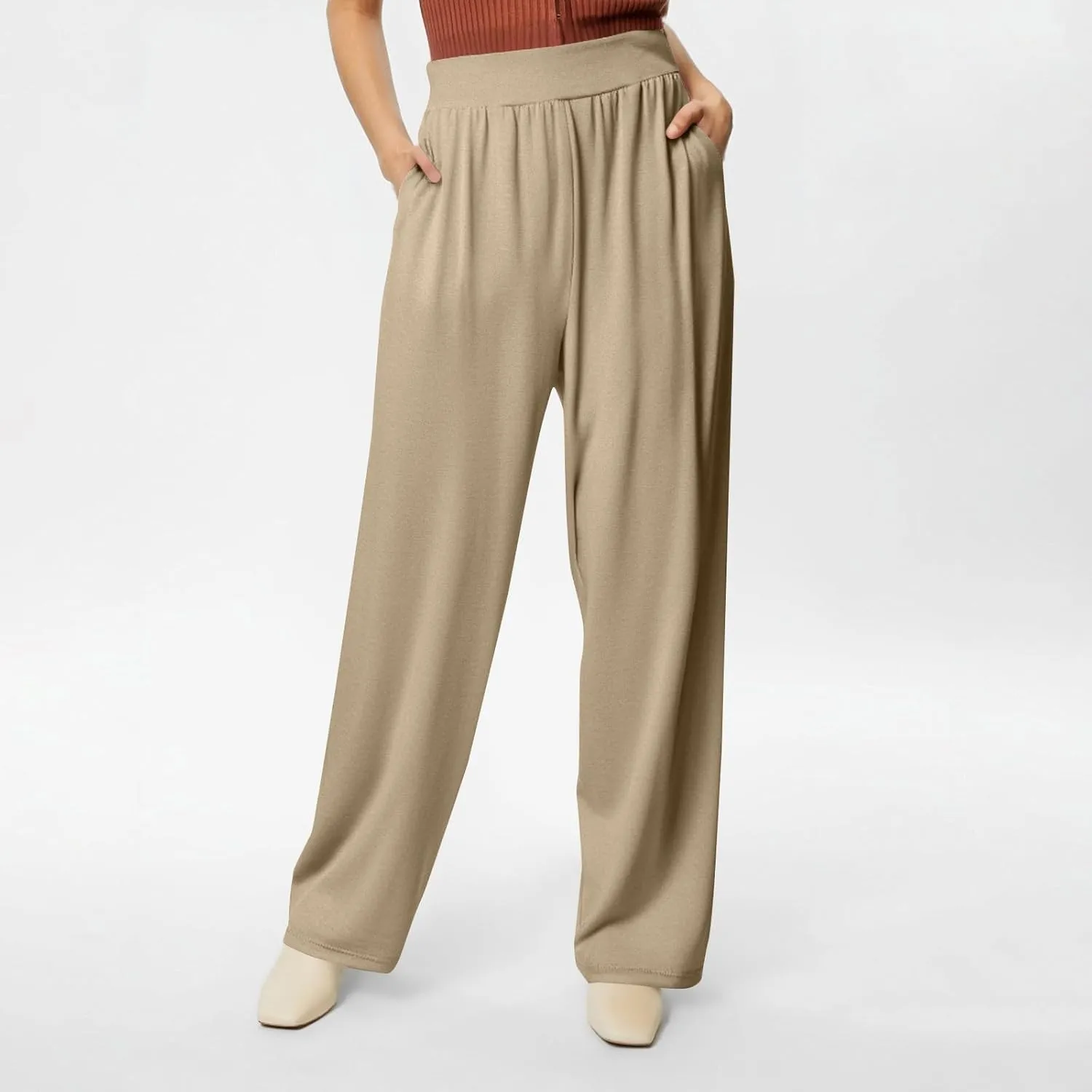 Pants for Women Plus Size Long Wide Leg High Waisted Pants Flowy Pleated Pull On Vacation Trousers with Pockets