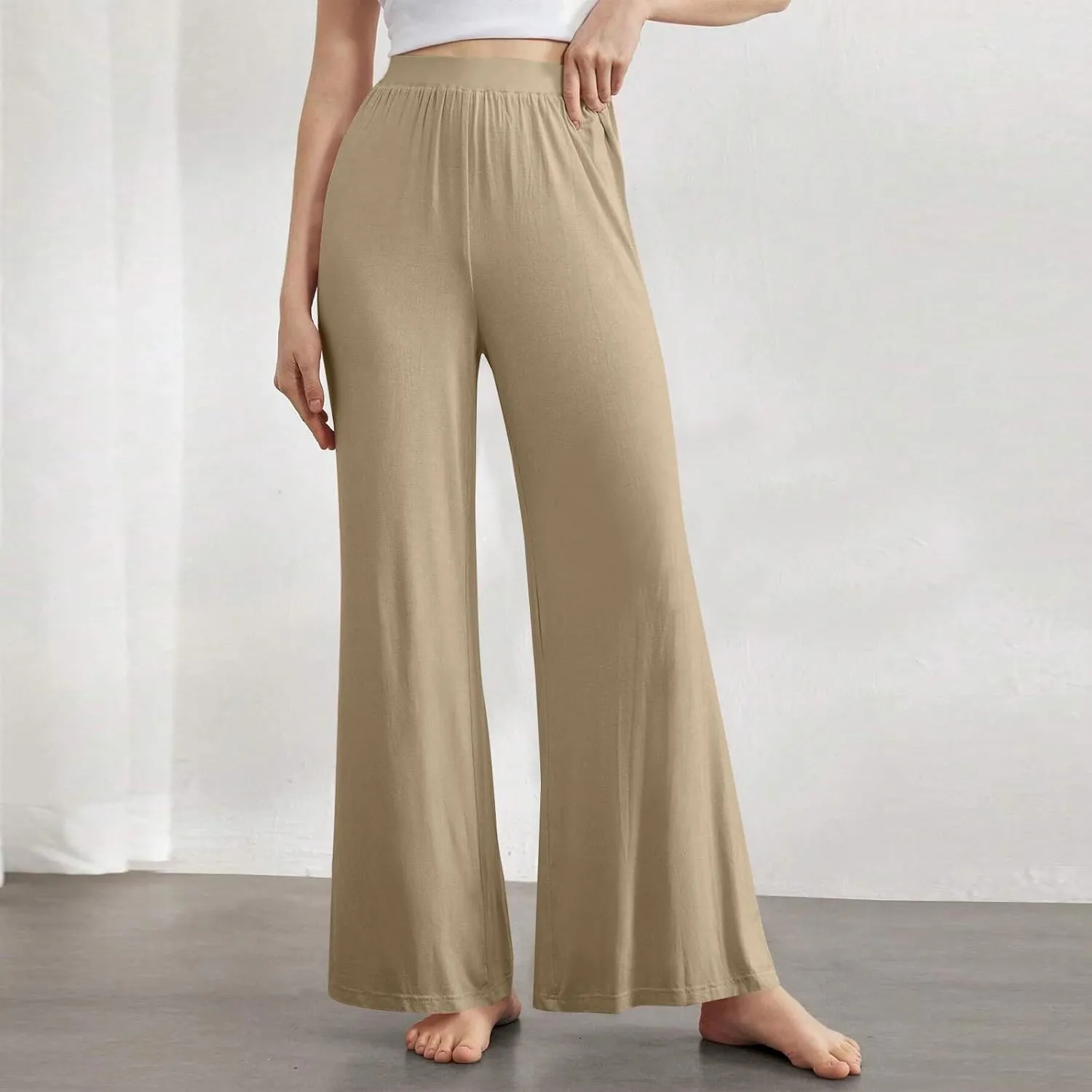 Pants for Women Plus Size Long Wide Leg High Waisted Pants Flowy Pleated Pull On Vacation Trousers with Pockets