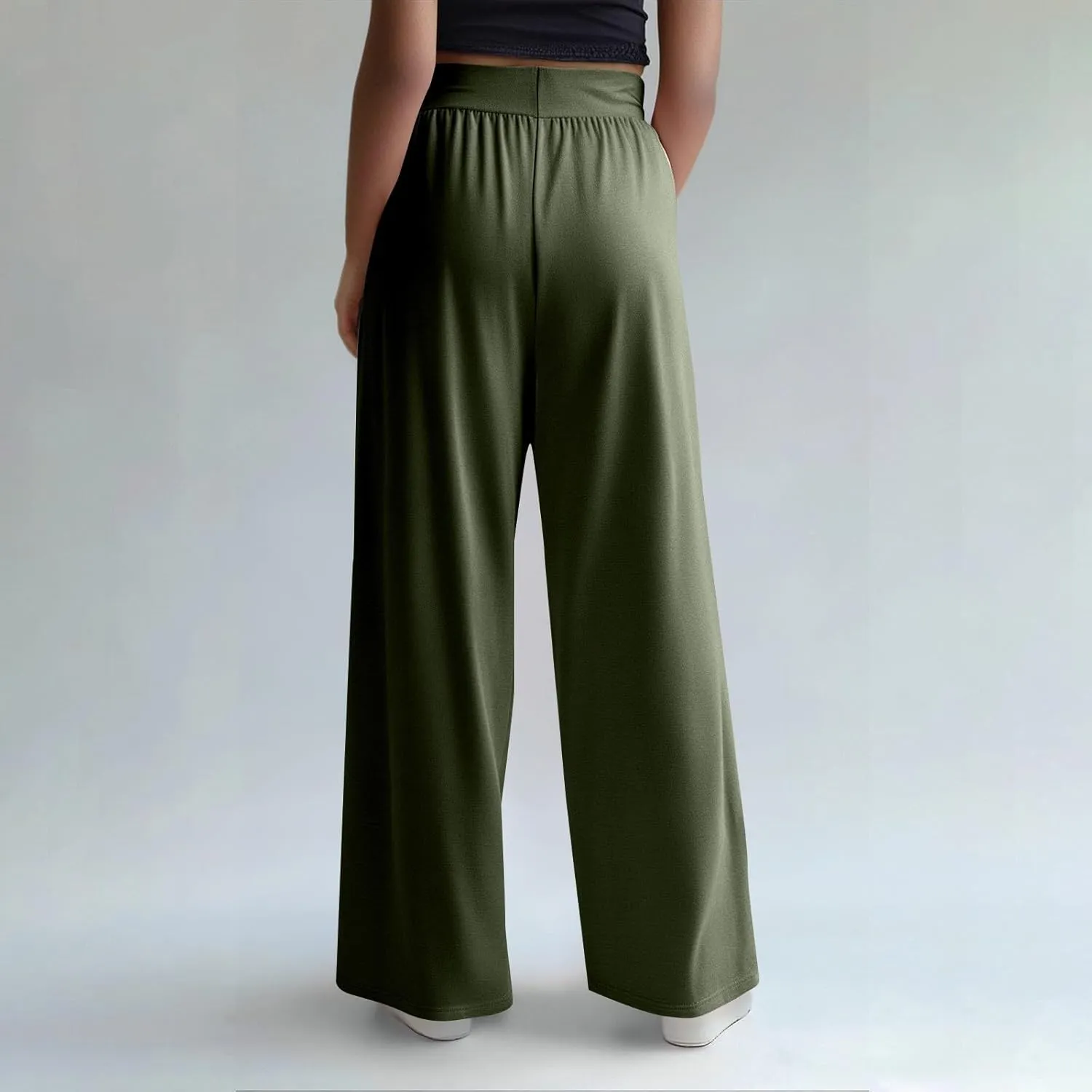 Pants for Women Plus Size Long Wide Leg High Waisted Pants Flowy Pleated Pull On Vacation Trousers with Pockets