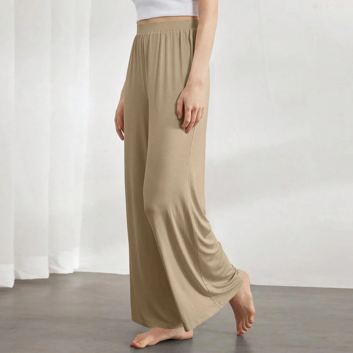 Pants for Women Plus Size Long Wide Leg High Waisted Pants Flowy Pleated Pull On Vacation Trousers with Pockets