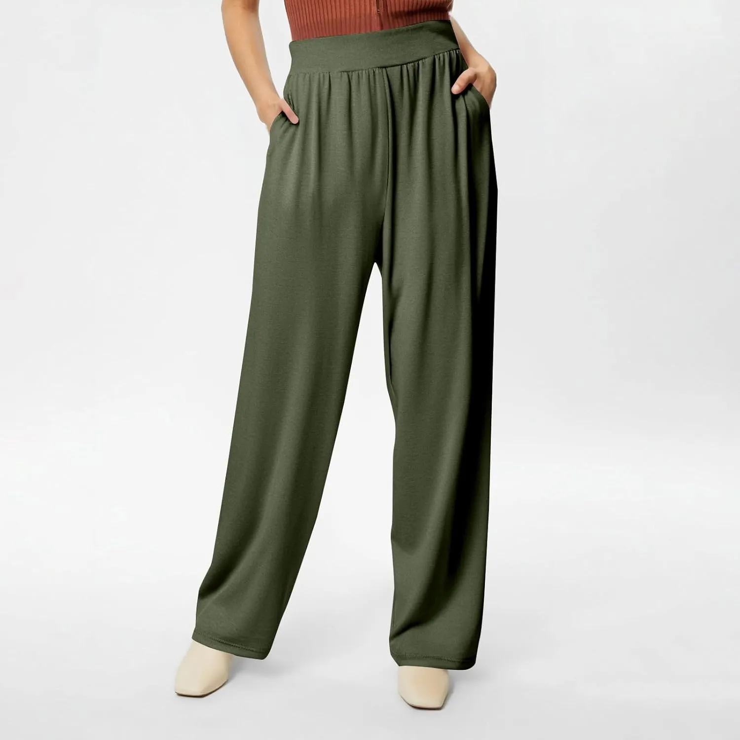Pants for Women Plus Size Long Wide Leg High Waisted Pants Flowy Pleated Pull On Vacation Trousers with Pockets