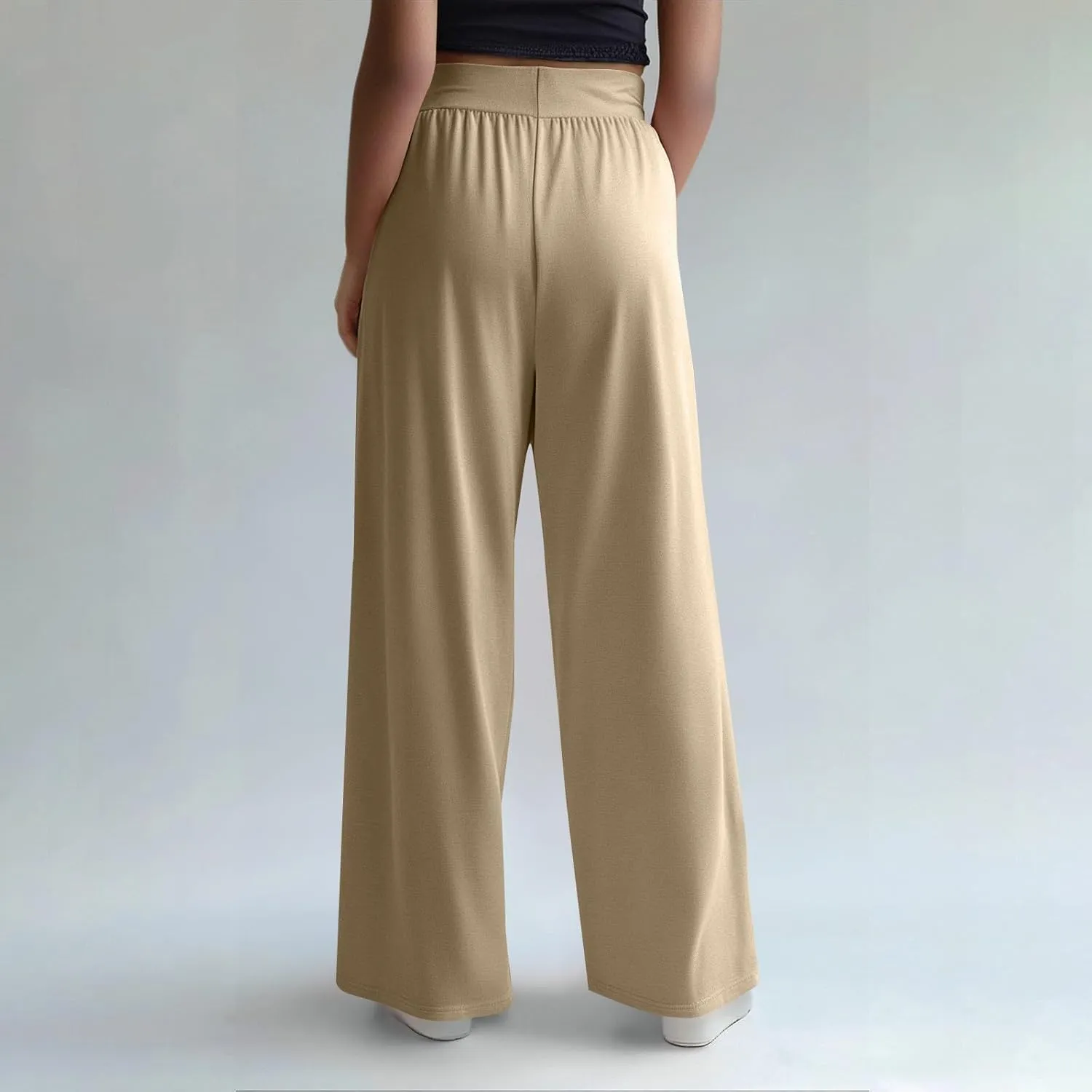 Pants for Women Plus Size Long Wide Leg High Waisted Pants Flowy Pleated Pull On Vacation Trousers with Pockets