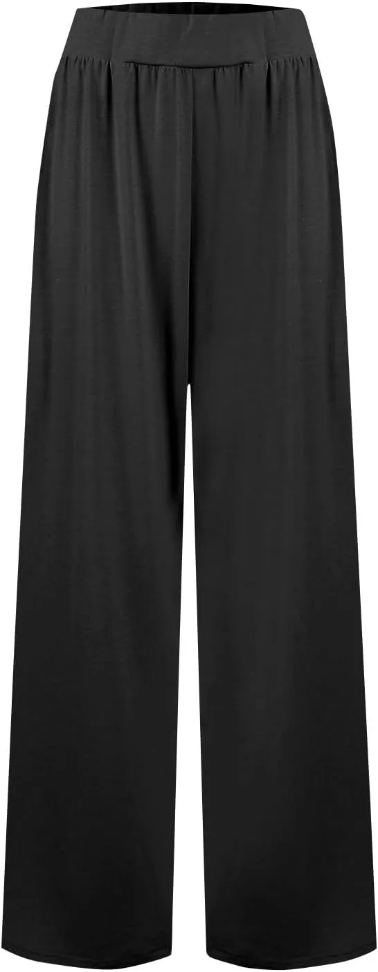 Pants for Women Plus Size Long Wide Leg High Waisted Pants Flowy Pleated Pull On Vacation Trousers with Pockets