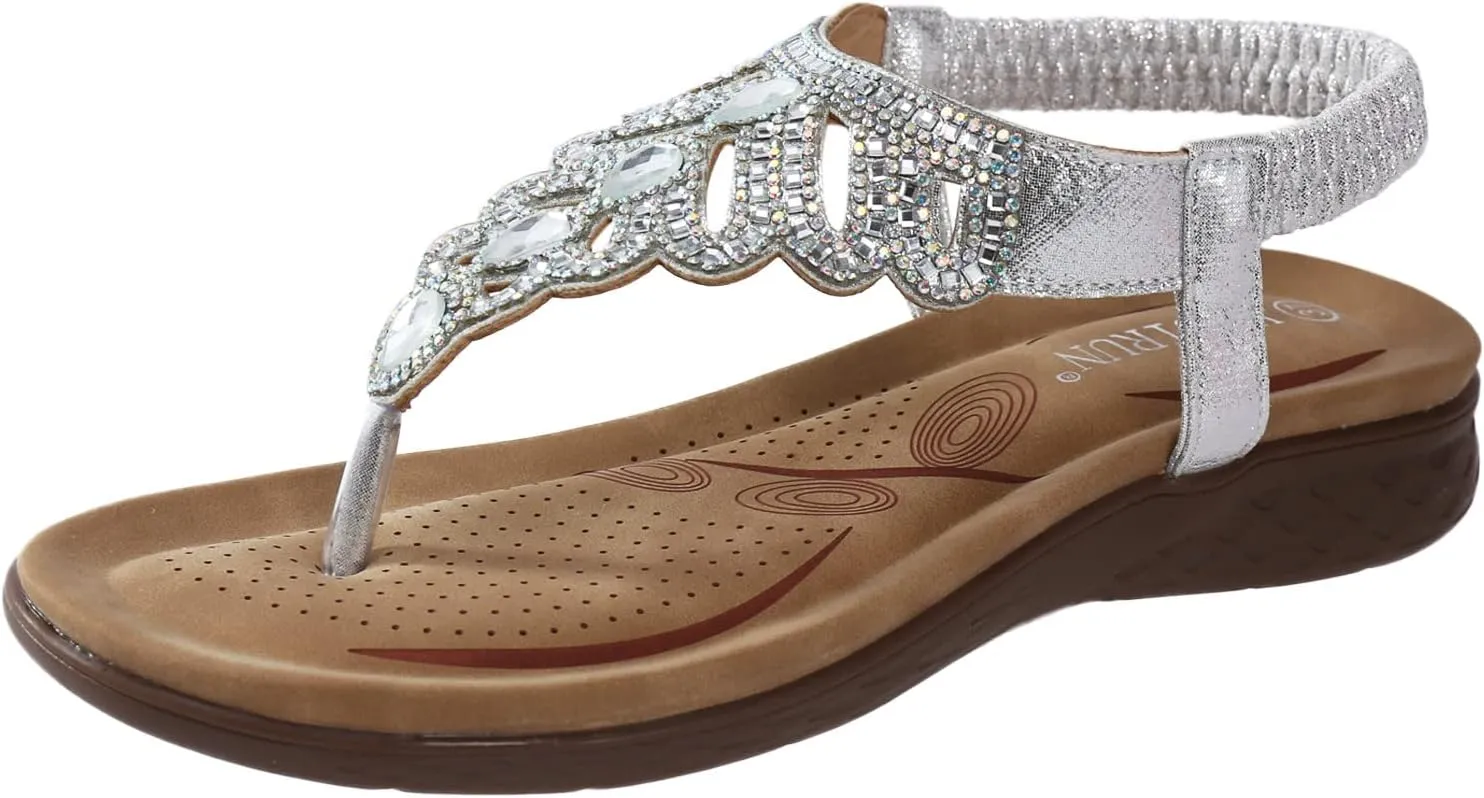 peqiut Orthopedic Wedge Sandals for Women Women's Bohemian Flower Rhinestone Casual Flat Sandals Fashion Ankle Strap Sandals