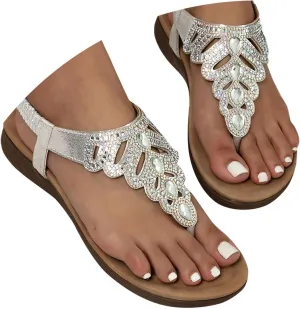 peqiut Orthopedic Wedge Sandals for Women Women's Bohemian Flower Rhinestone Casual Flat Sandals Fashion Ankle Strap Sandals