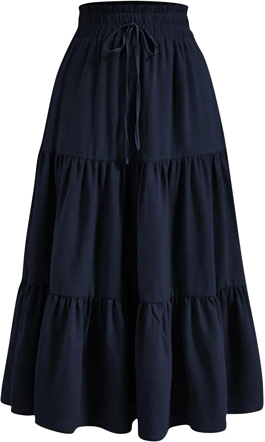 Petite Midi Skirt Maxi Spring Flowy Boho Comfy Tiered Western Pleated Midi Skirts for Women
