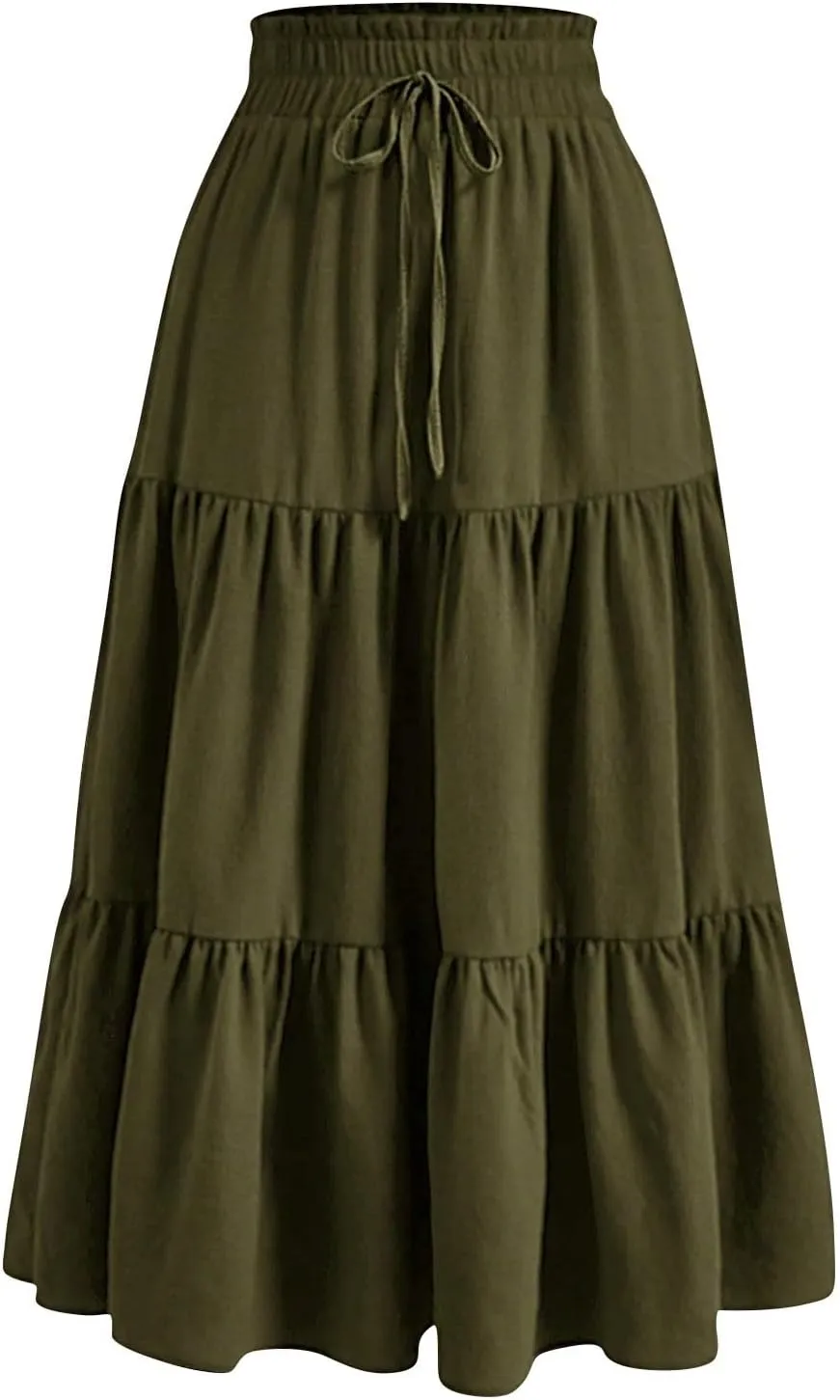 Petite Midi Skirt Maxi Spring Flowy Boho Comfy Tiered Western Pleated Midi Skirts for Women