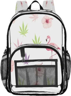Pink Flamingos Tropical Flowers Clear Backpack with Back Print, Heavy Duty See Through Backpacks PVC Transparent Daypack for Travel Security