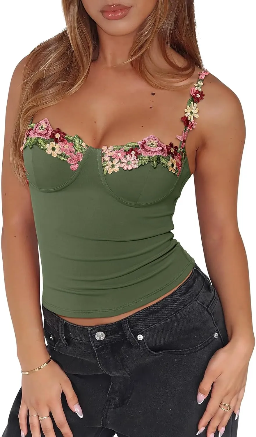 PINKMSTYLE Womens Sexy Floral Bustier Corset Tops Spaghetti Strap Tank Tops Y2K Going Out Tops