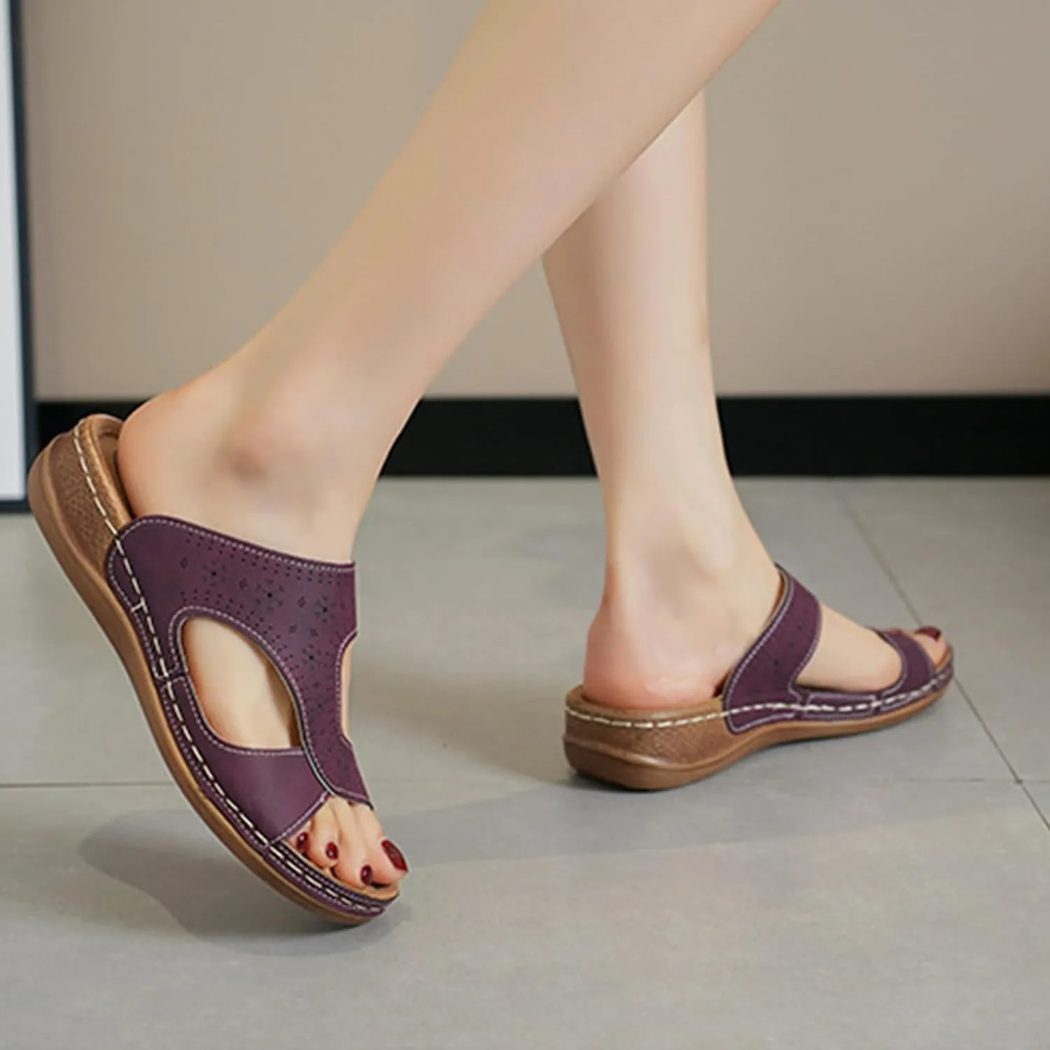 Platform Sandals Women Summer Orthopedic Arch Support Flat Slip on Wide Width Damping Sole Upgradation Stretch Lightweight Heels Diabetic Walking Shoes Dressy Flip Flops Leather Wedge