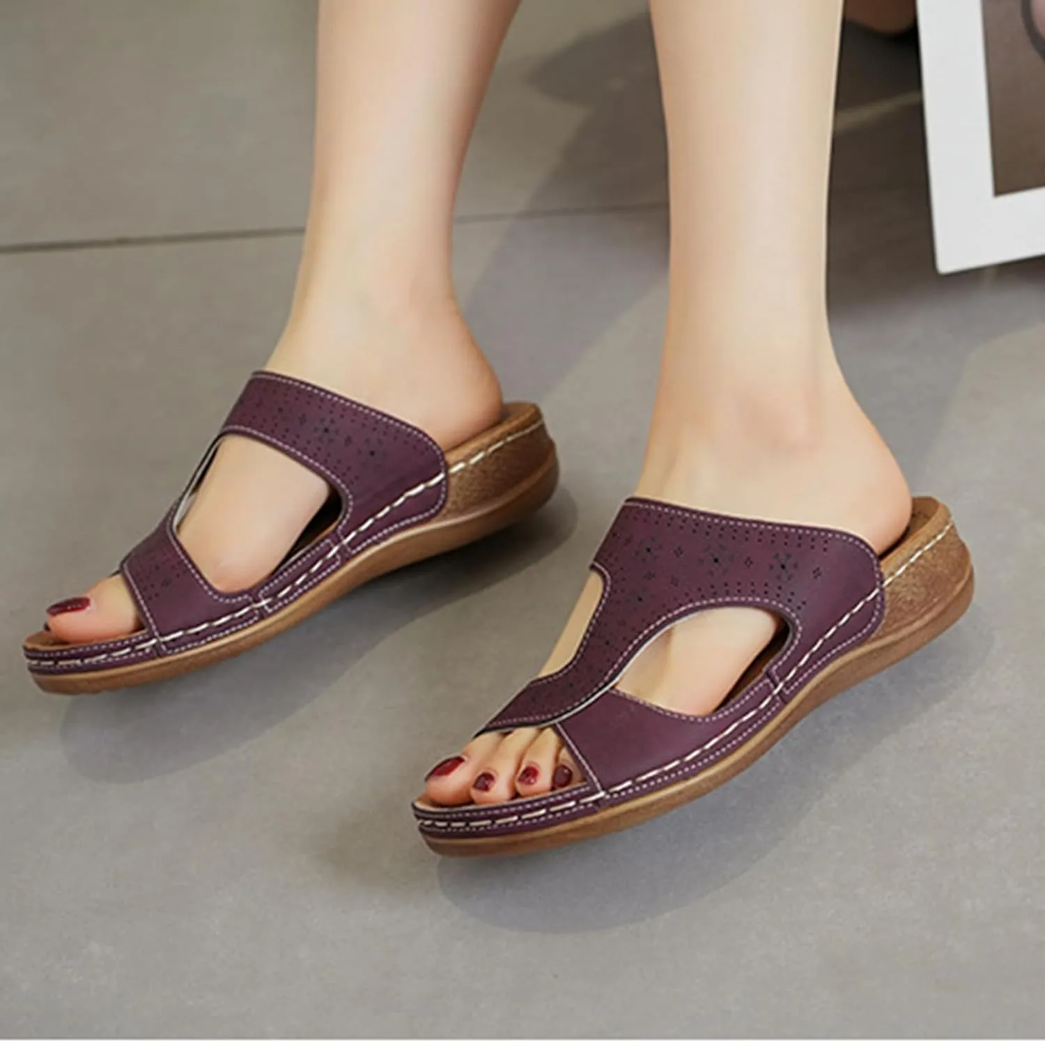 Platform Sandals Women Summer Orthopedic Arch Support Flat Slip on Wide Width Damping Sole Upgradation Stretch Lightweight Heels Diabetic Walking Shoes Dressy Flip Flops Leather Wedge